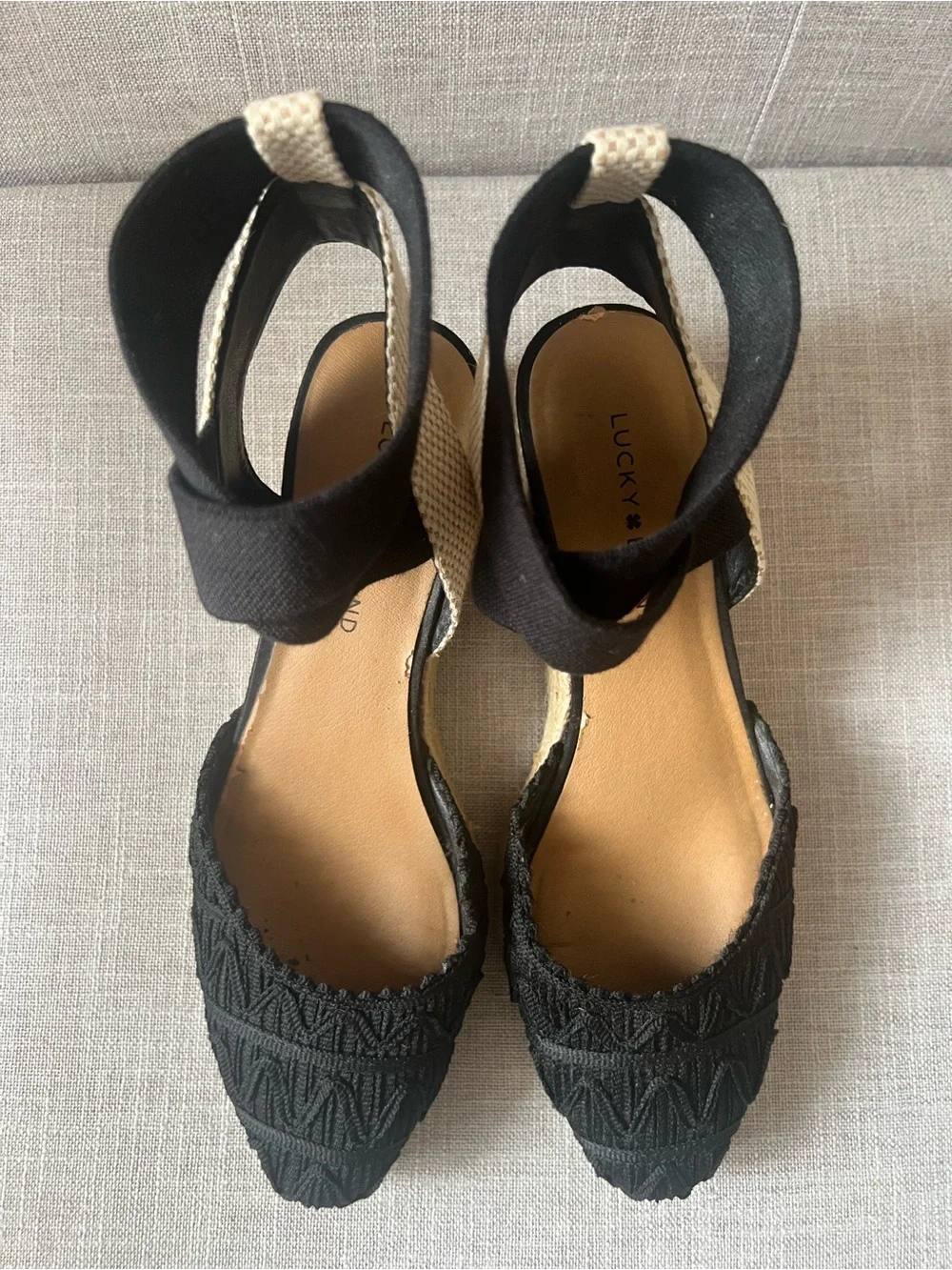 Lucky Brand women’s Black boho festival Espadrille Ankle-Wrap Wedge, size 9